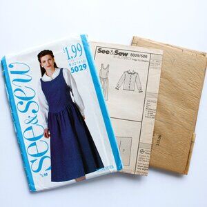 VTG 90s Jumper Dress & Peter Pan Blouse Sz 12-14-16 Butterick Cottagecore Granny